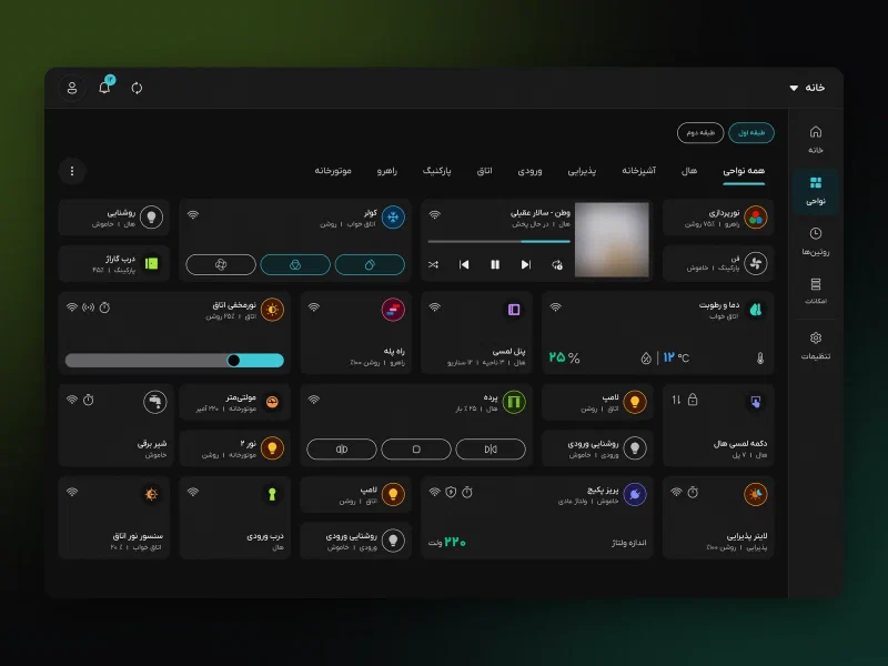 Dark dashboard of a smart-home app showing room tabs and device cards for lights, curtains, climate and music