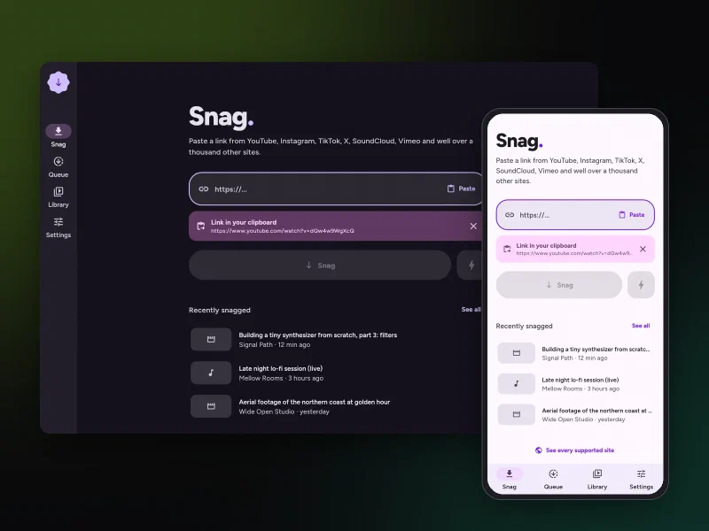 Snag running as a desktop window and on a phone, showing the paste-a-link screen